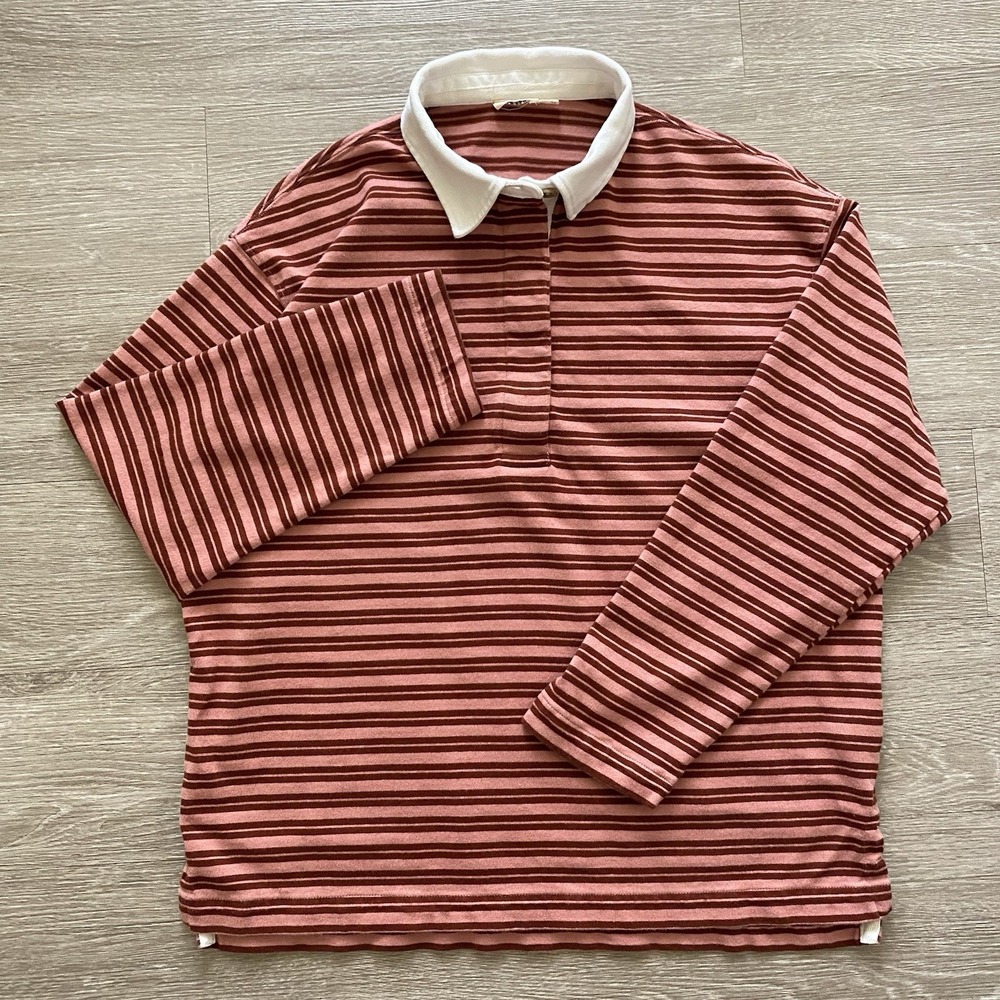 Faherty Hometown Rugby Shirt Women's M Red Relaxed Fit Organic Cotton Striped